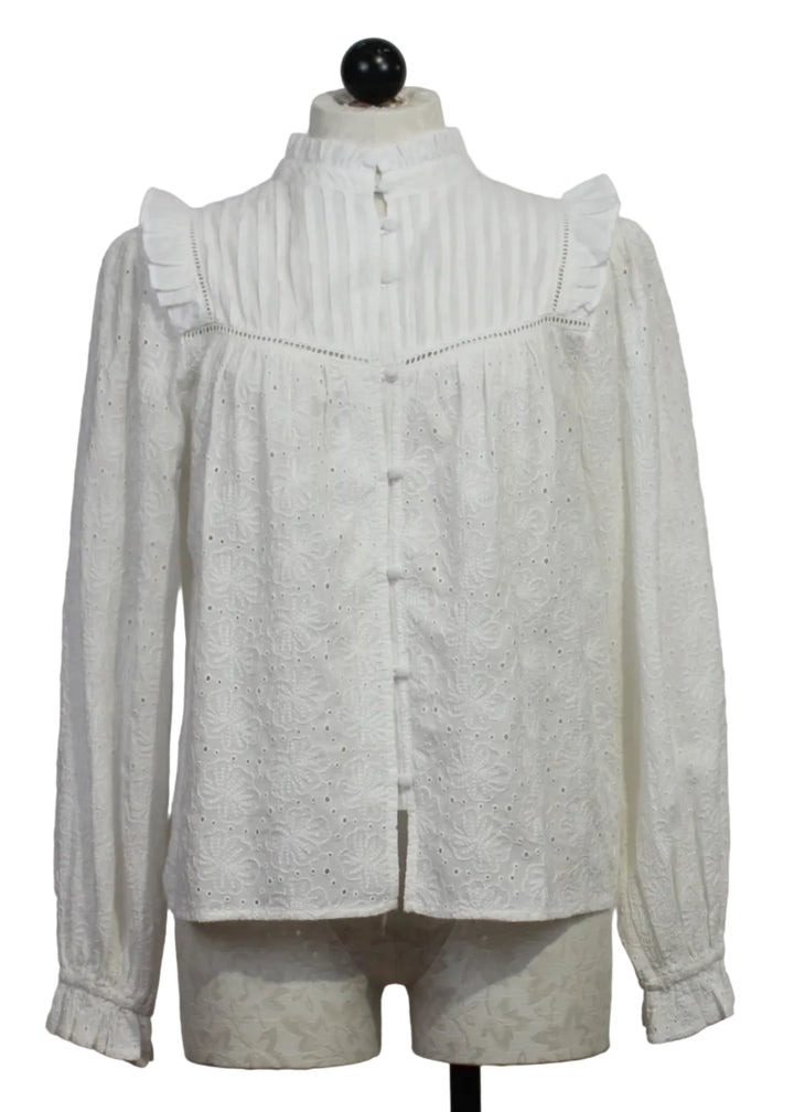 White Embroidered Ruffle Neck and Sleeve Carola Blouse by MKT Studio