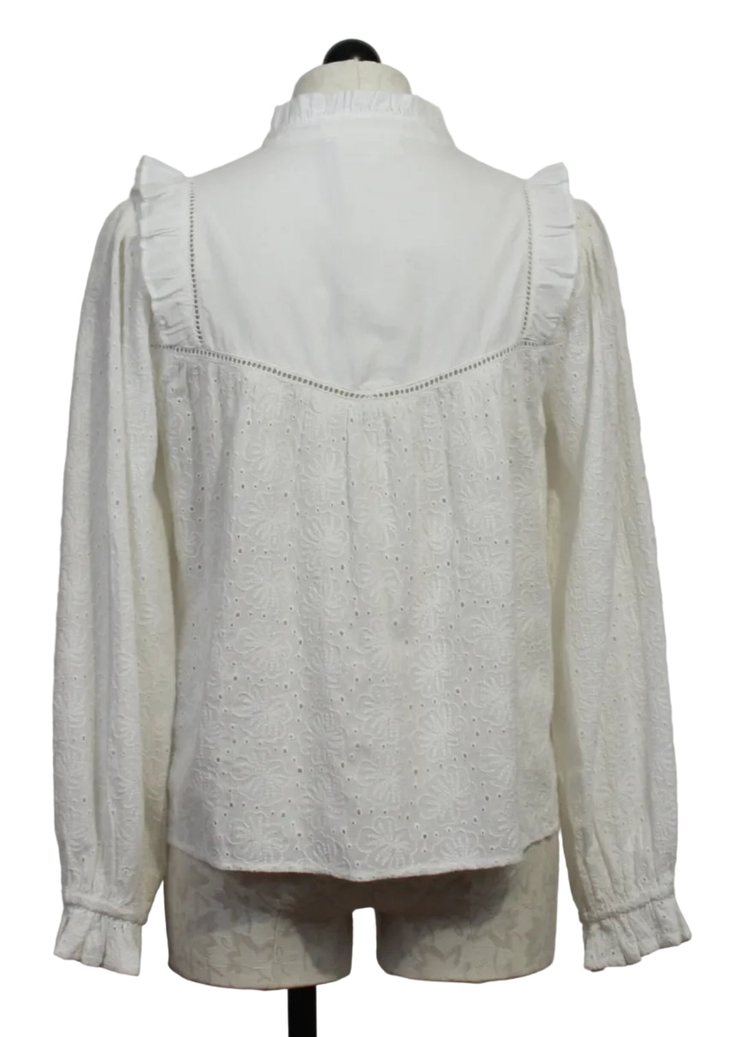 back view of White Embroidered Ruffle Neck and Sleeve Carola Blouse by MKT Studio