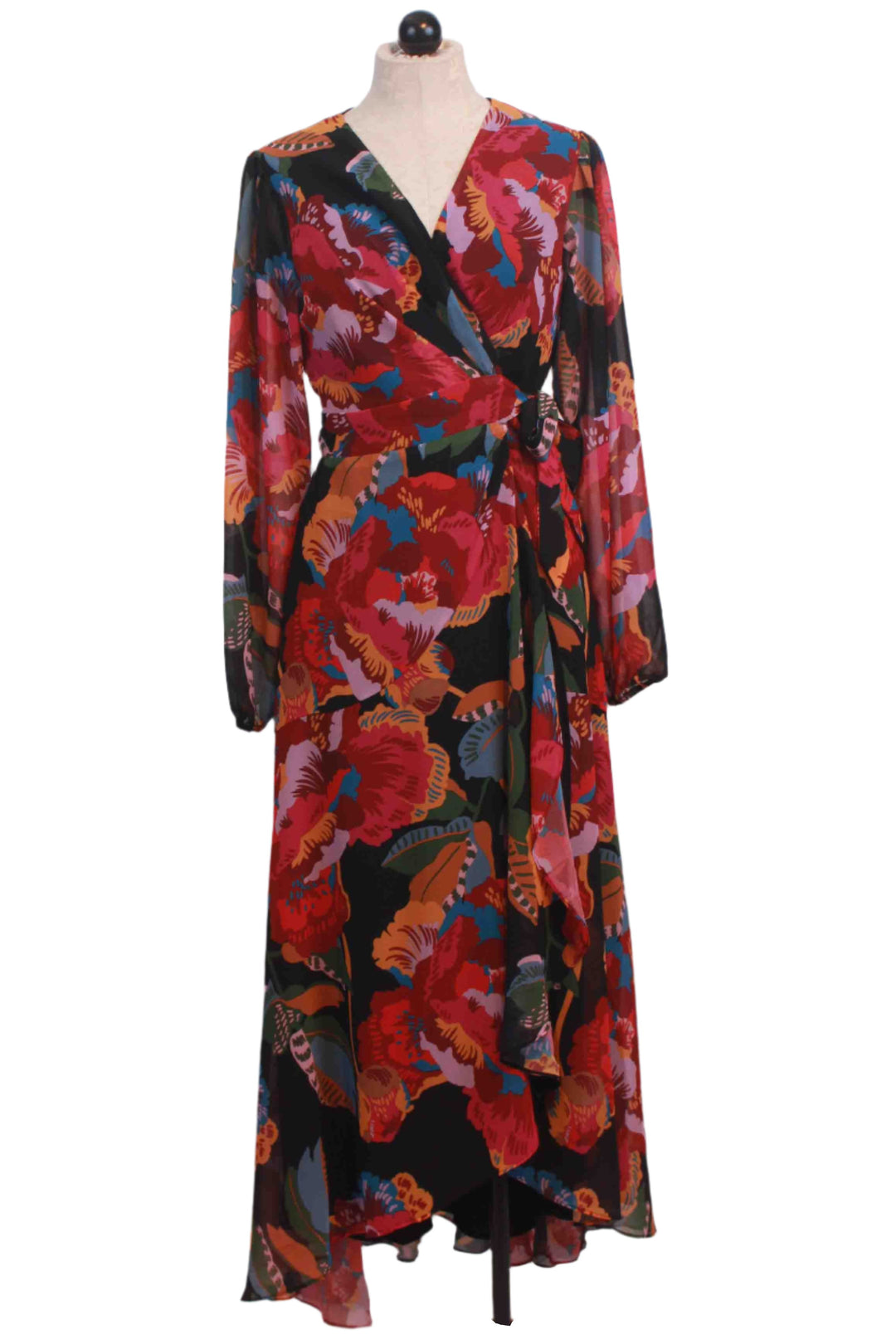 Bridge Long Sleeve Black Dark Rainbow Floral Wrap Maxi Dress by Hutch