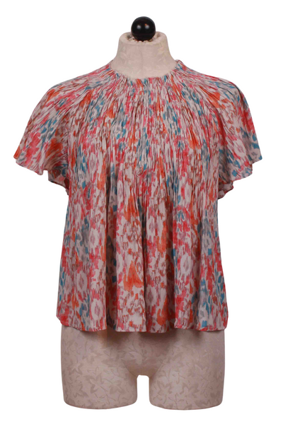 Coral, Orange and Teal Raw Edged Pleated Gathered Neck Top with Flutter Sleeves by See U Soon