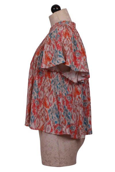 side view of Coral, Orange and Teal Raw Edged Pleated Gathered Neck Top with Flutter Sleeves by See U Soon