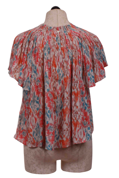 back view of Coral, Orange and Teal Raw Edged Pleated Gathered Neck Top with Flutter Sleeves by See U Soon