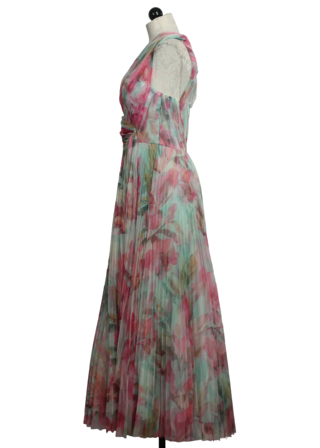 side view of The Philippa Gown by Hutch in the Mint Multi Overlay Tropical print