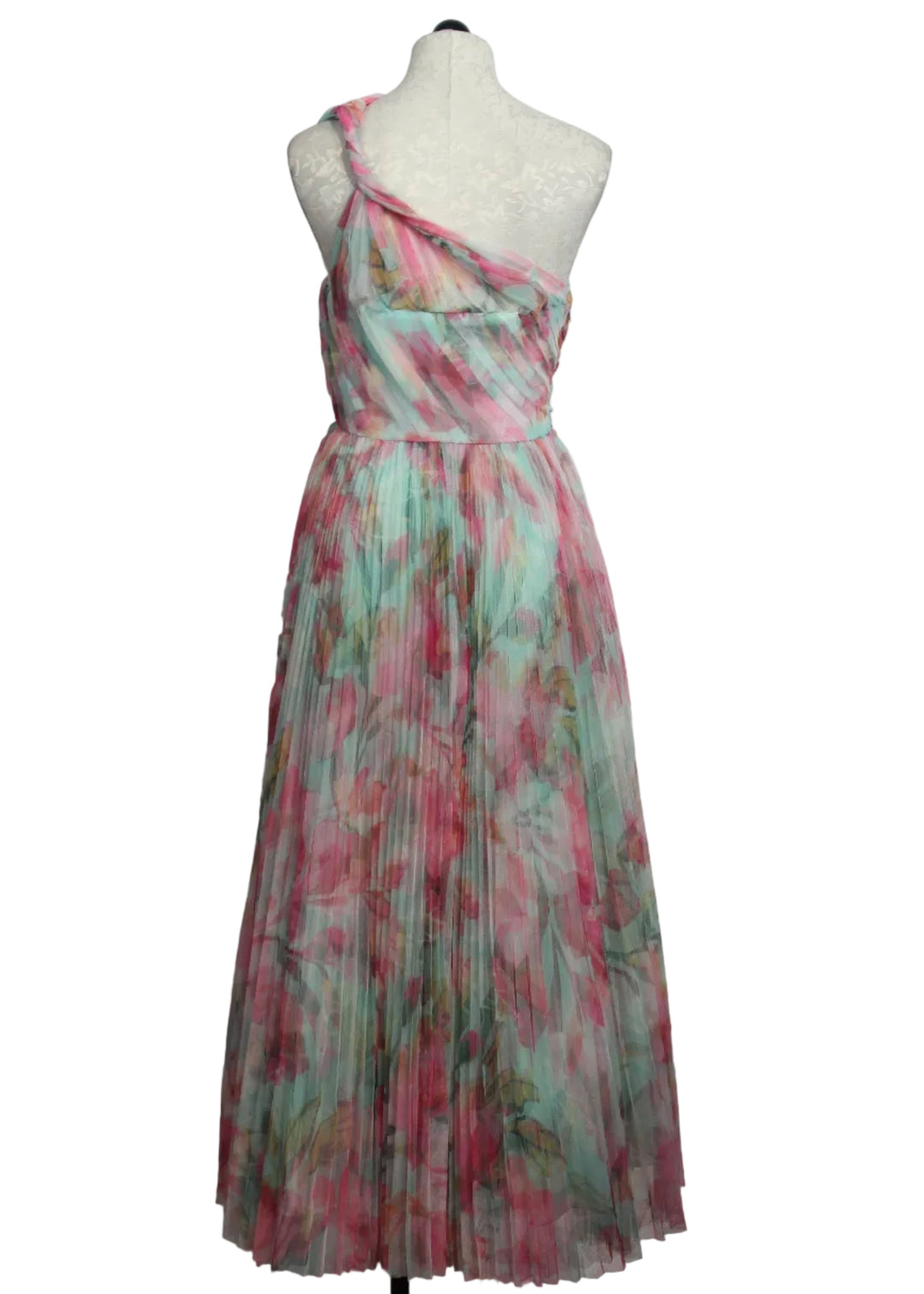 back view of The Philippa Gown by Hutch in the Mint Multi Overlay Tropical print