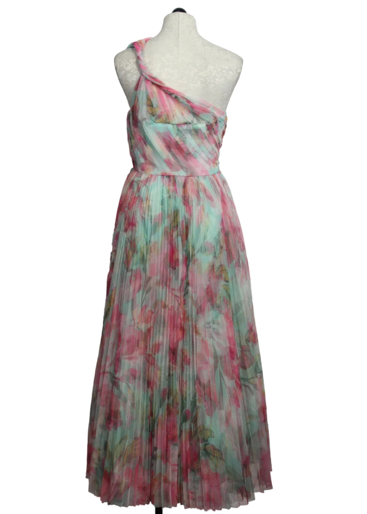 back view of The Philippa Gown by Hutch in the Mint Multi Overlay Tropical print