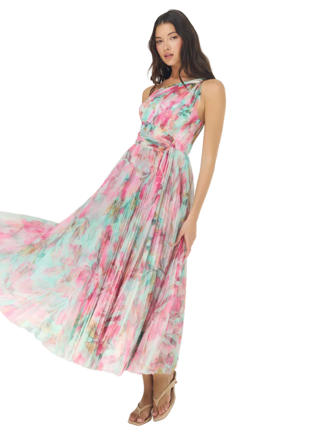 model wearing the The Philippa Gown by Hutch in the Mint Multi Overlay Tropical print