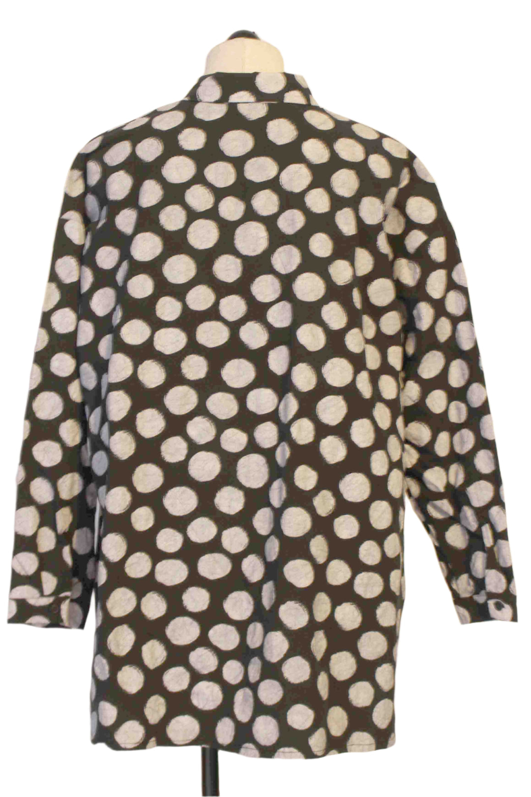 back view of Flared Black and White Polka Dot Soda Print Long Sleeve Shirt by Baci