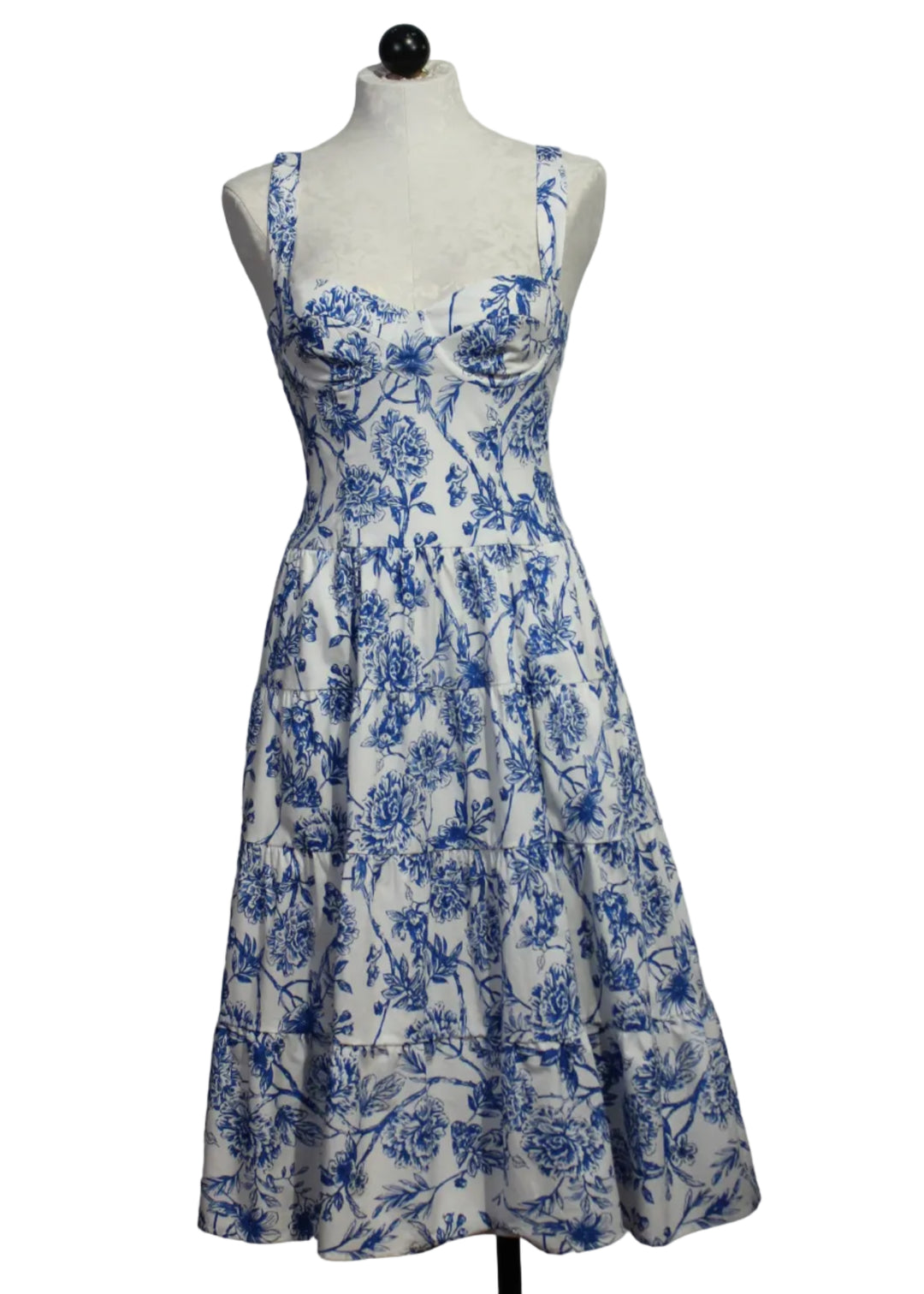 The Naomi Dress by Hutch is a White and Blue Inked Chinoiserie print