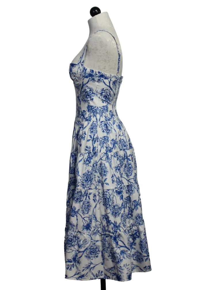 side view of The Naomi Dress by Hutch is a White and Blue Inked Chinoiserie print