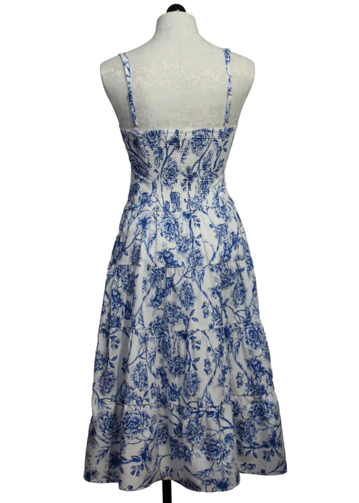 back view of The Naomi Dress by Hutch is a White and Blue Inked Chinoiserie print
