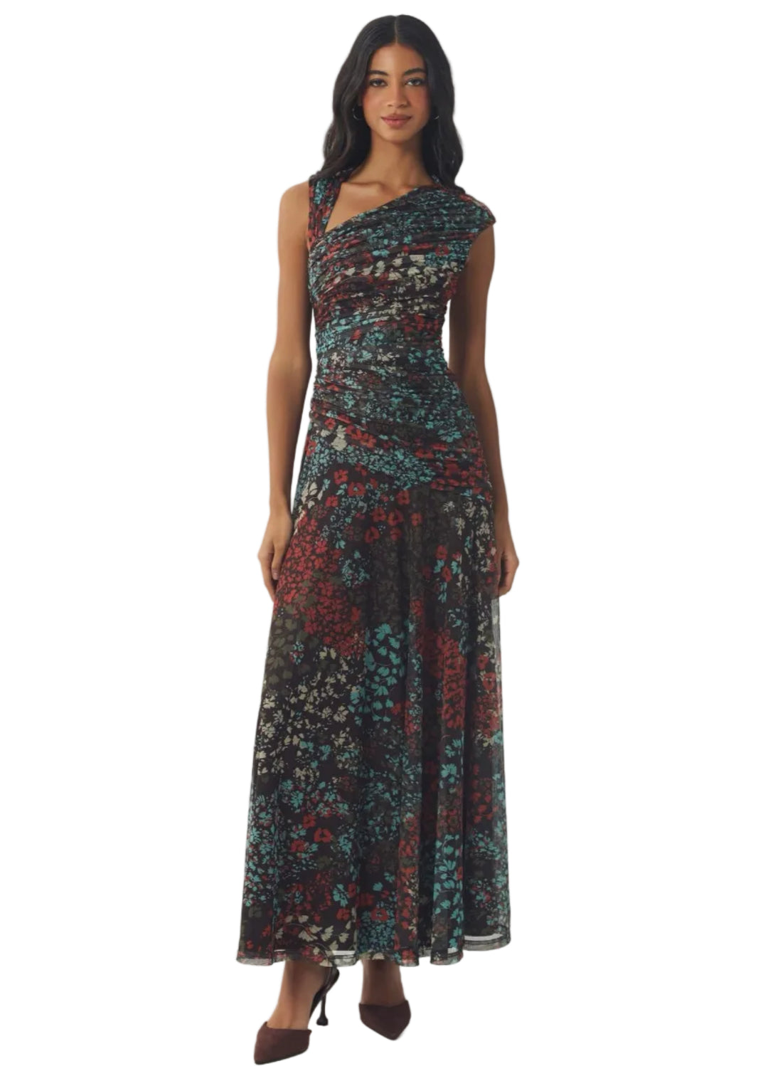 Model wearing the brown multi Ester maxi Dress by Hutch 