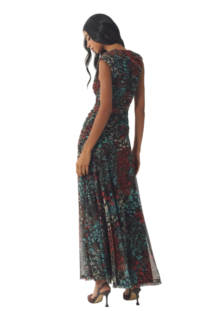 back view of Model wearing the brown multi Ester maxi Dress by Hutch 