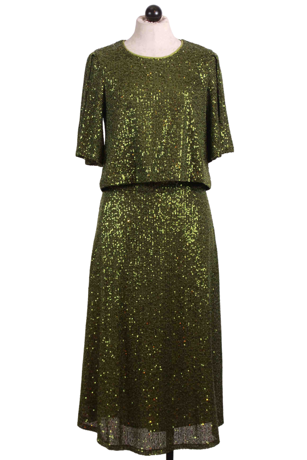 Green Sparkle Sequined Cropped Flutter Sleeve Top by Traffic People with matching skirt
