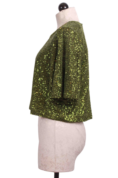 Side view of Green Sparkle Sequined Cropped Flutter Sleeve Top by Traffic People