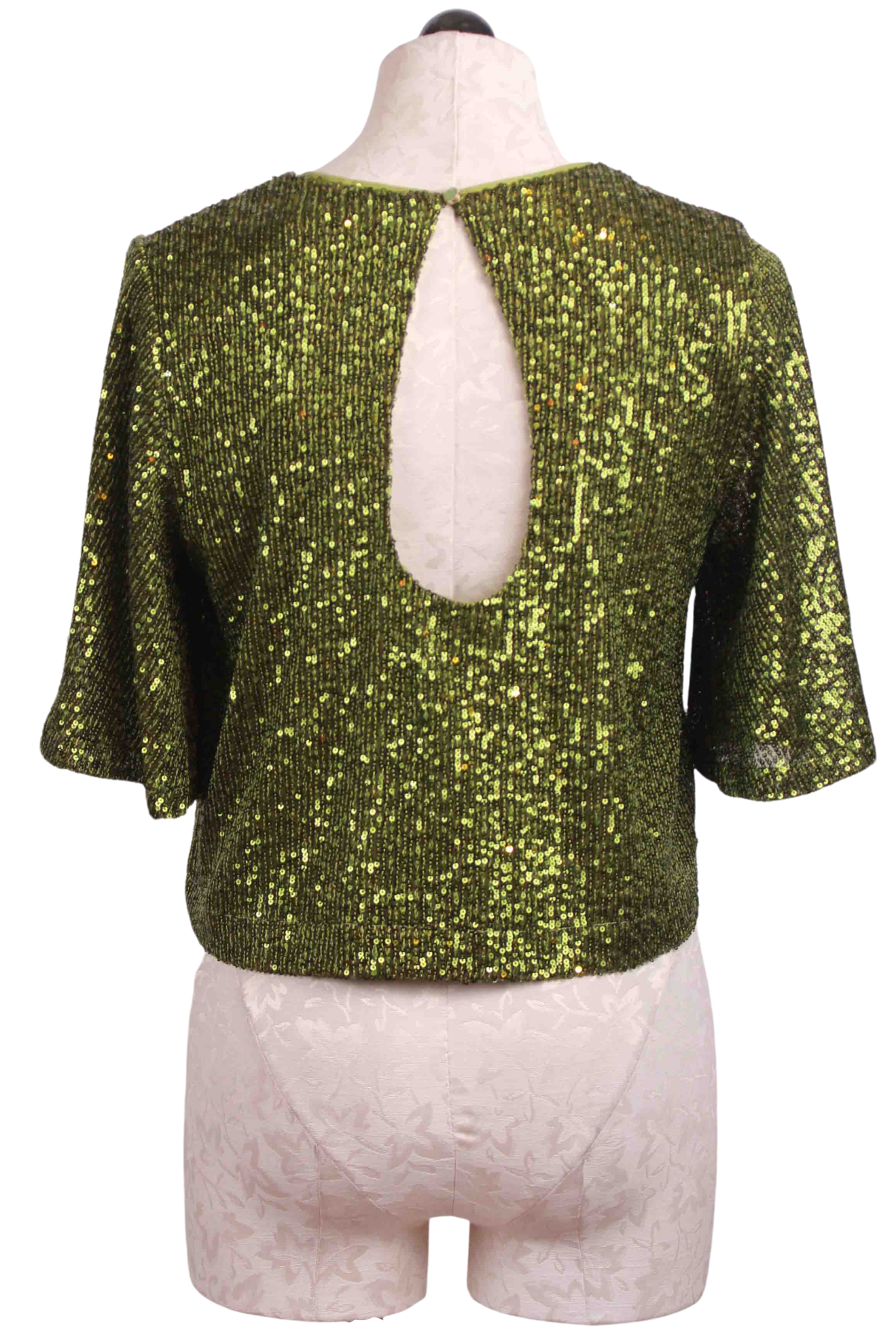 Back view of Green Sparkle Sequined Cropped Flutter Sleeve Top by Traffic People