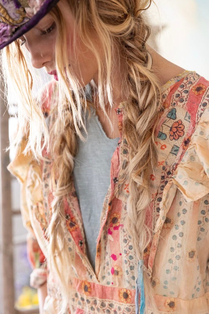 close up view of the neckline of the Sunrise Daisy Print FDLP Anastasia Dress by Magnolia Pearl