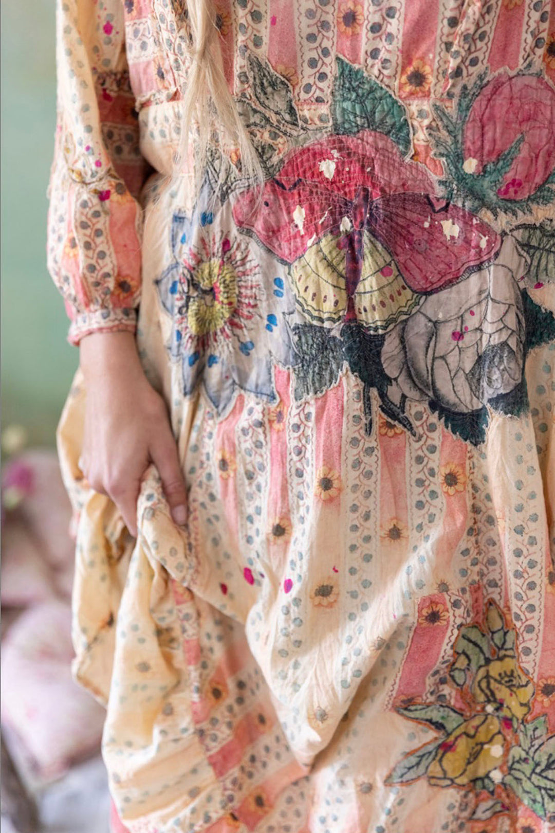 close up view of the applique detail on the Sunrise Daisy Print FDLP Anastasia Dress by Magnolia Pearl