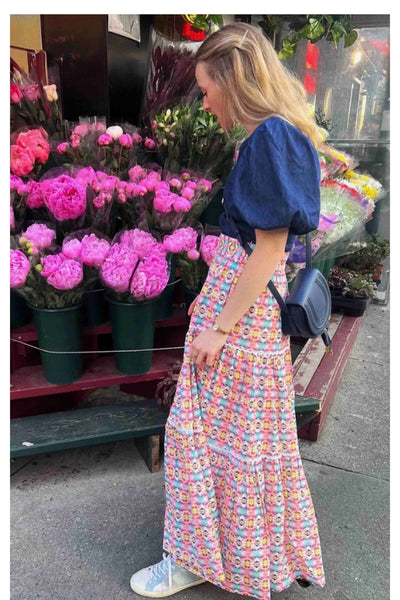 girl wearing the Sumner Pink Three Tiered Maxi Skirt by Laura Park Designs at aflower market