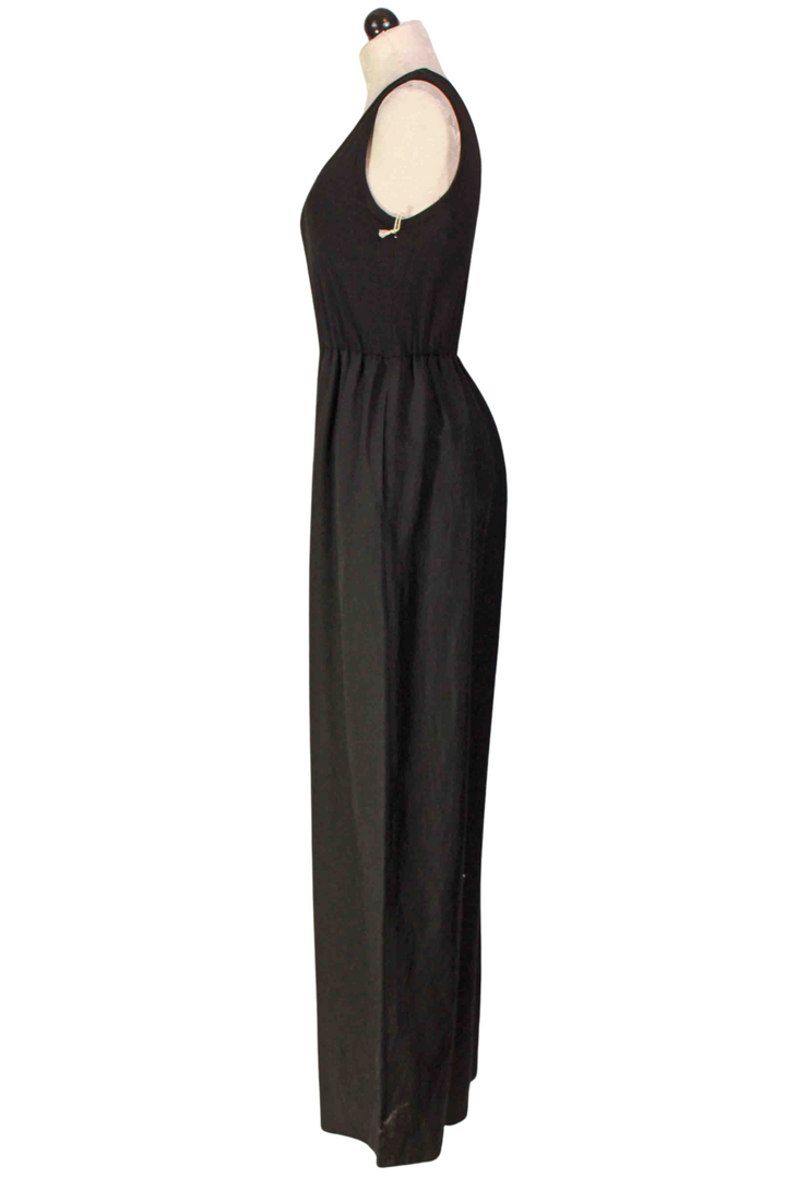 side view of Black Sleeveless Wide Leg Jumpsuit by Fifteen Twenty