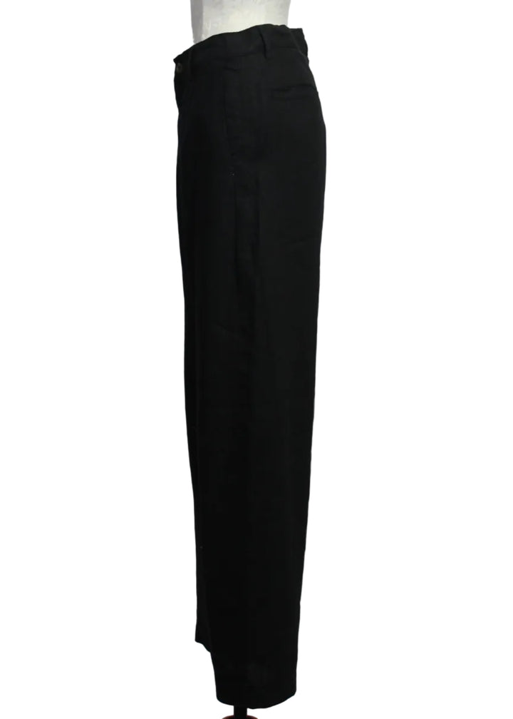 side view of Black Linen Taylor Relaxed High Rise 31 Barrel Jean by DL1961 