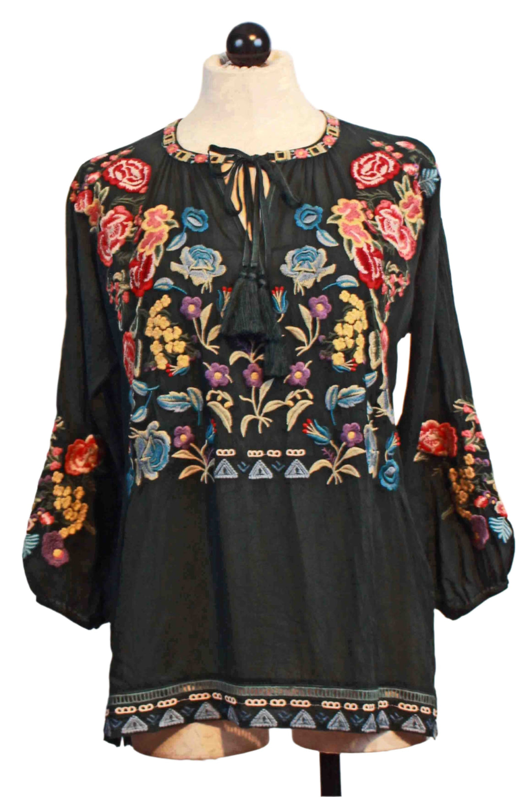 Rainforest colored Zadonia Embroidered Blouse by Johnny Was