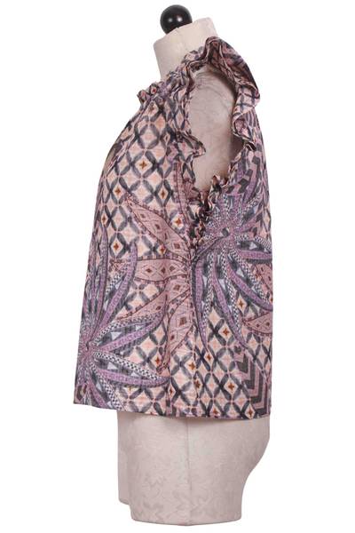 Side view of The Merrit Top By Marie Oliver in the Anise Lattice Print