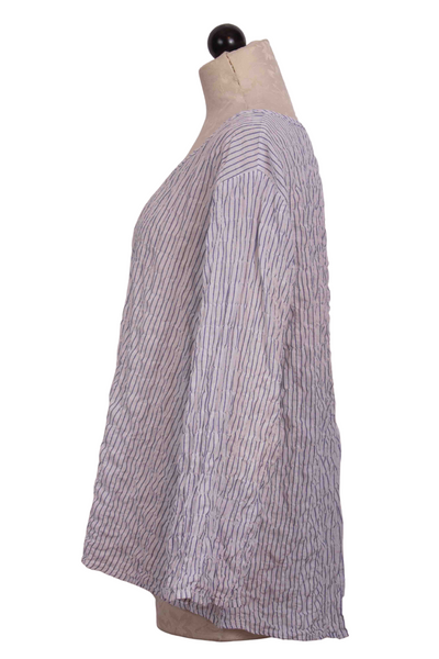 side view of Crinkled Pinstripe Split Back Top by Cut Loose
