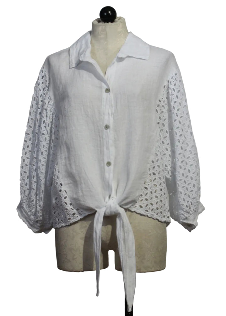 White Linen Tie Waist Top with Eyelet Sleeves and Sides by Bella Amore