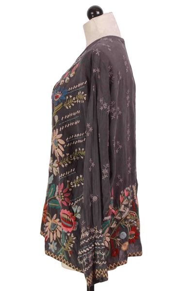side view of Iron Steel Embroidered Cassia Button Down Blouse by Johnny Was