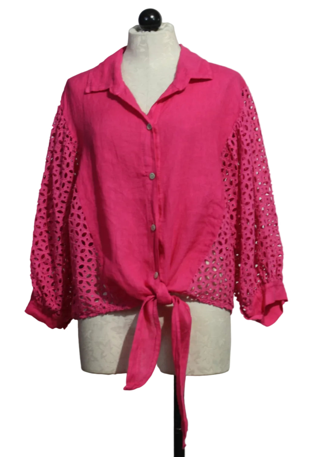 Fuschia Linen Tie Waist Top with Eyelet Sleeves and Sides by Bella Amore