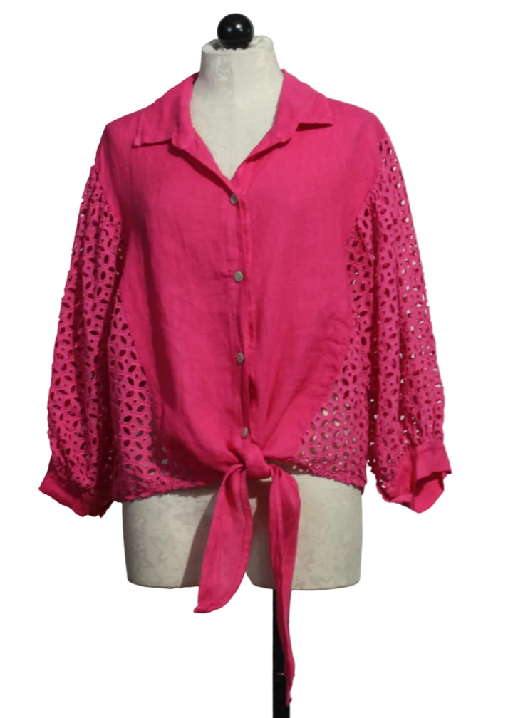 Fuschia Linen Tie Waist Top with Eyelet Sleeves and Sides by Bella Amore