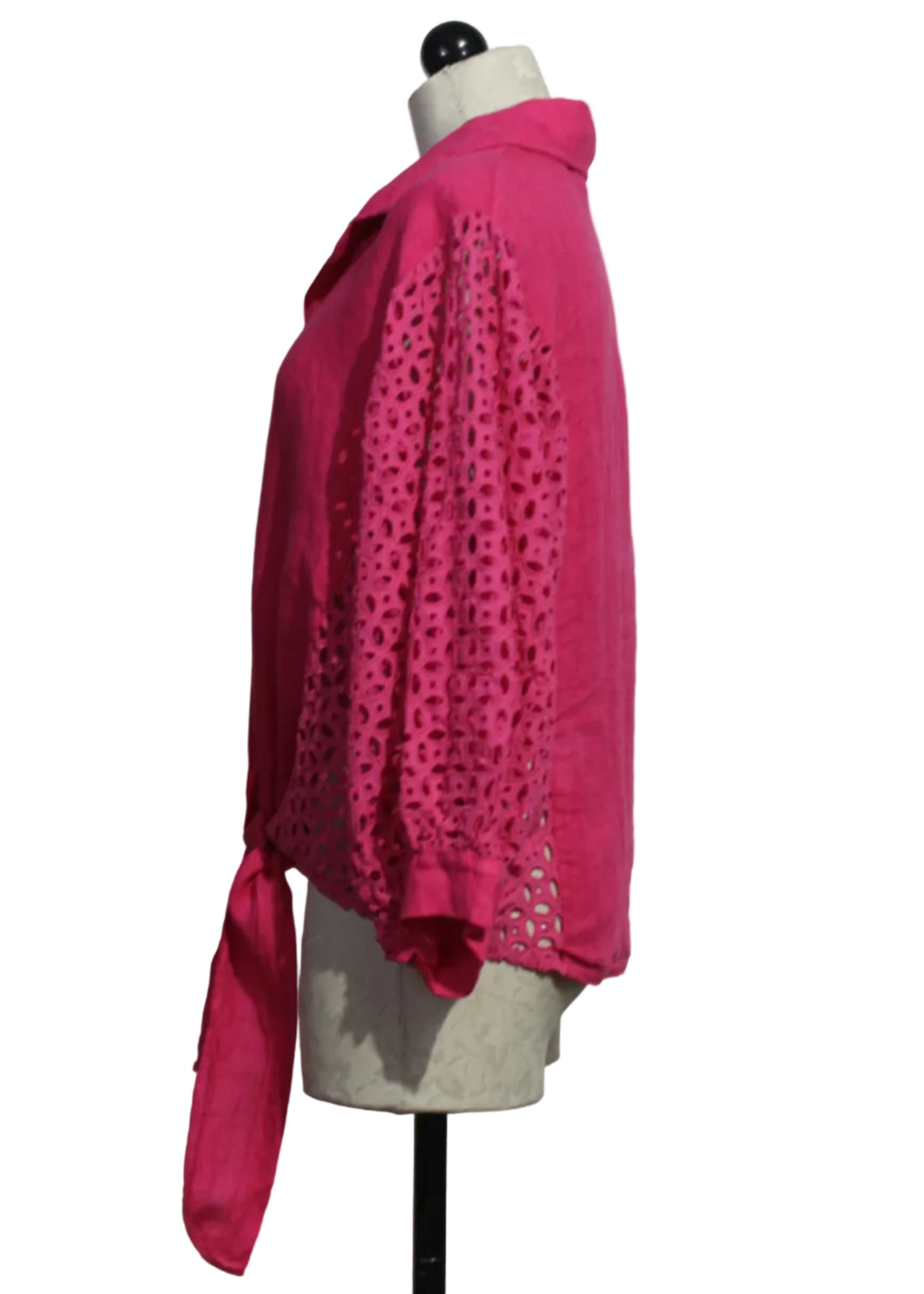 side view of Fuschia Linen Tie Waist Top with Eyelet Sleeves and Sides by Bella Amore