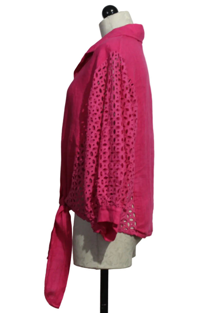 side view of Fuschia Linen Tie Waist Top with Eyelet Sleeves and Sides by Bella Amore