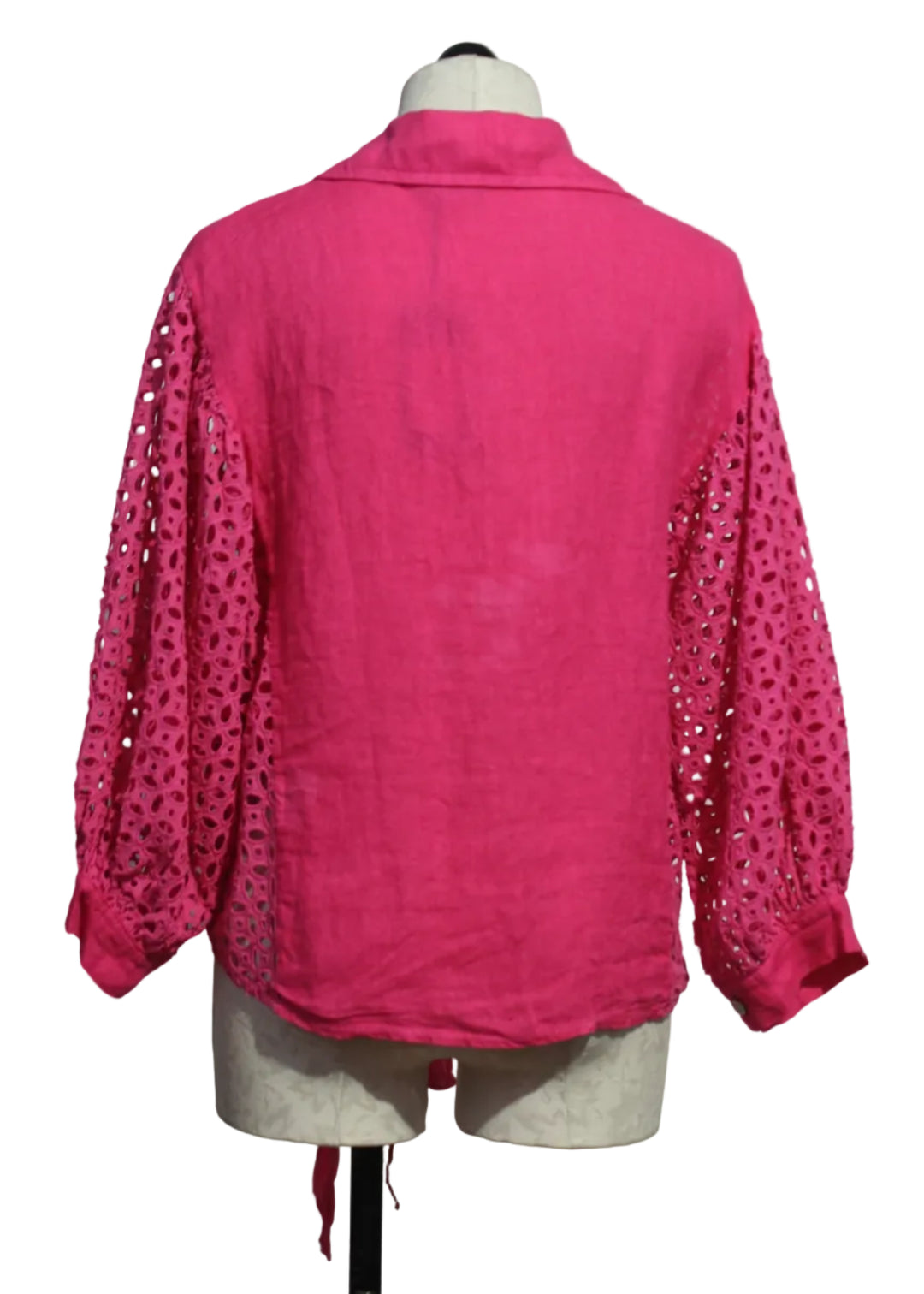 back view of Fuschia Linen Tie Waist Top with Eyelet Sleeves and Sides by Bella Amore