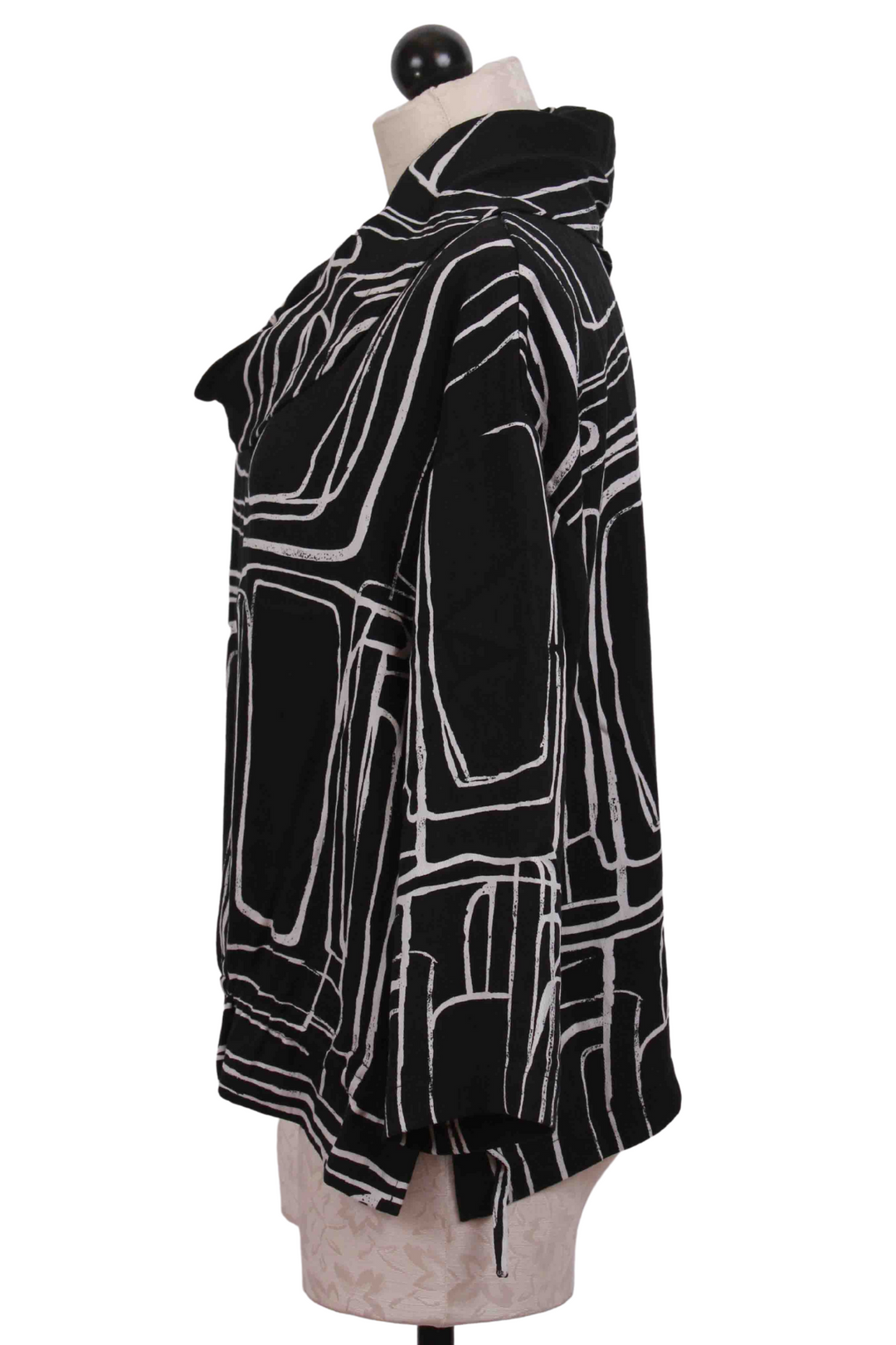 side view of Black Mod Print Tencel Drawstring Cowl by Liv by Habitat