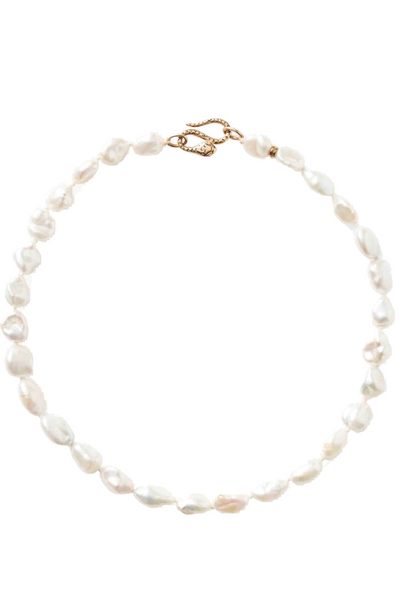 White Keshi Pearl Cobra Necklace by Chan Luu with a gold Snake clasp
