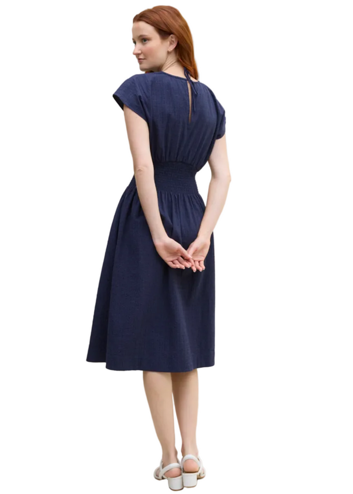 back view of model wearing The Ink colored Valencia Dress by Margaret O'Leary 