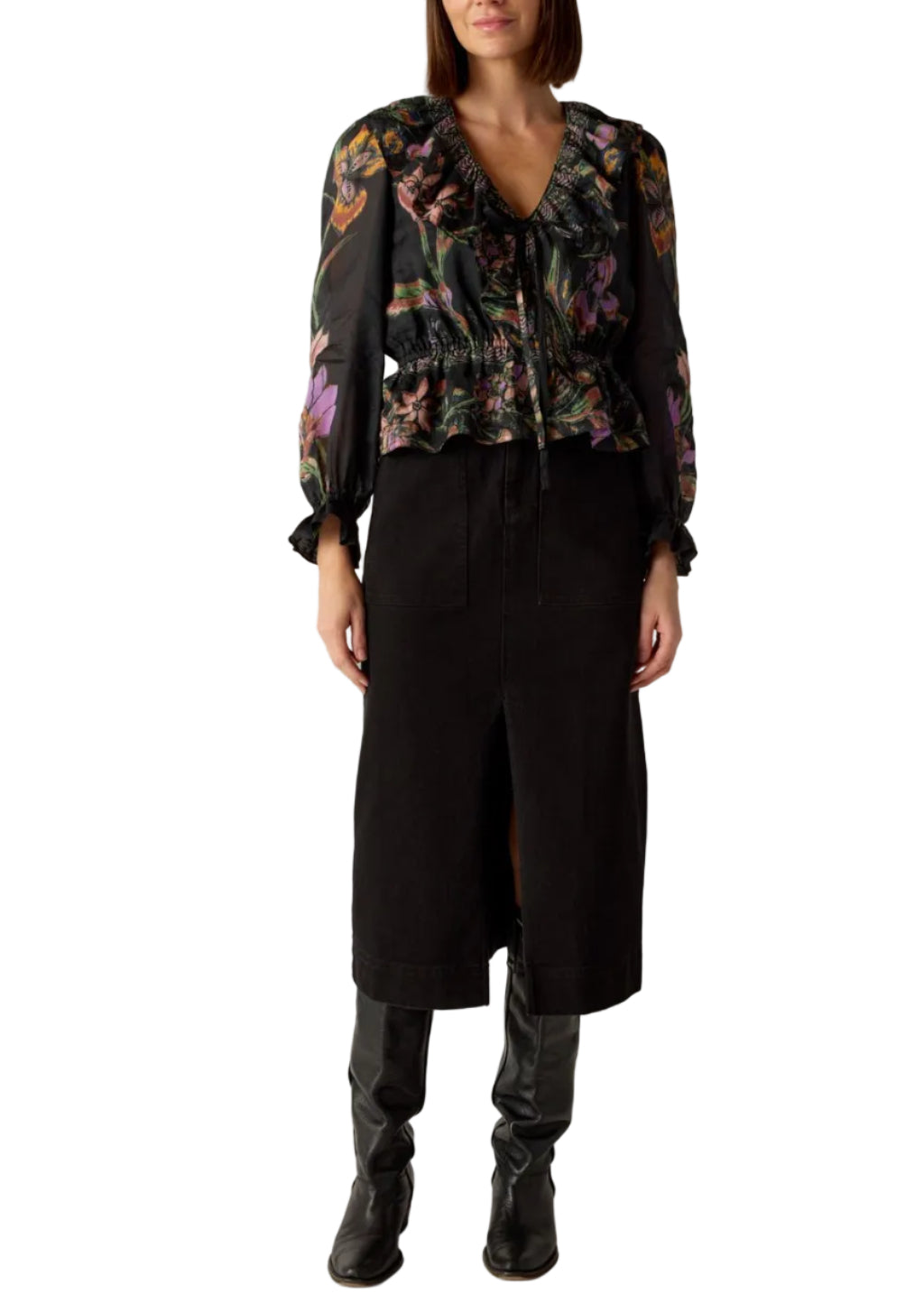 model wearing the Bythe Top by Marie Oliver in Nightshade
