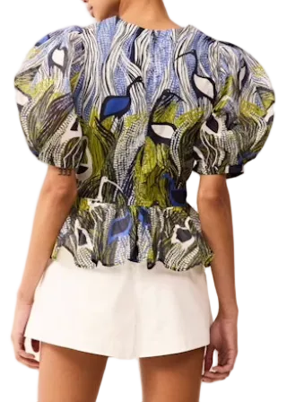 back view of a model wearing the Estella Top by Marie Oliver in the Heron Print