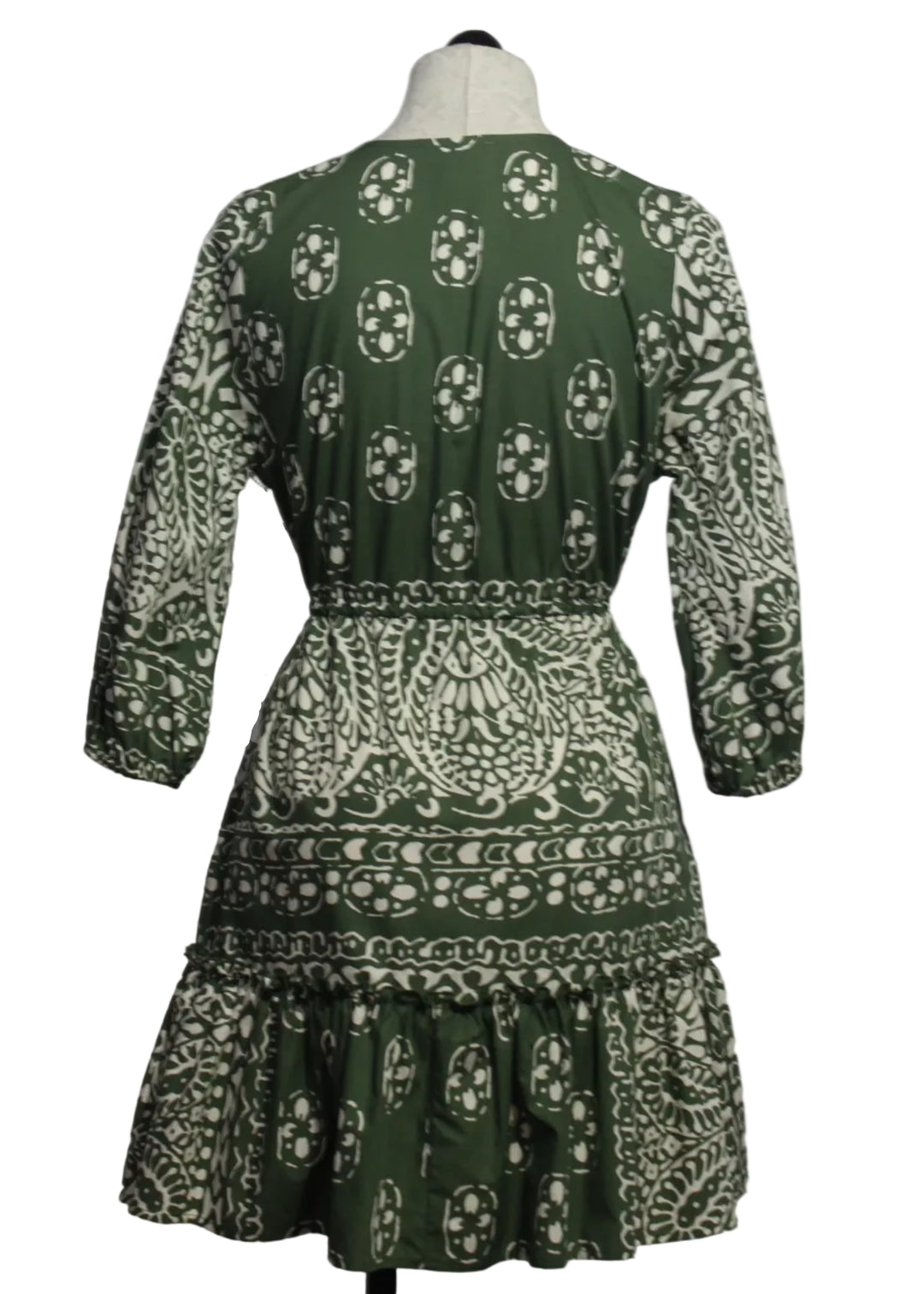 back view of Green and Off-White Tasha Tiered Dress by Fifteen Twenty