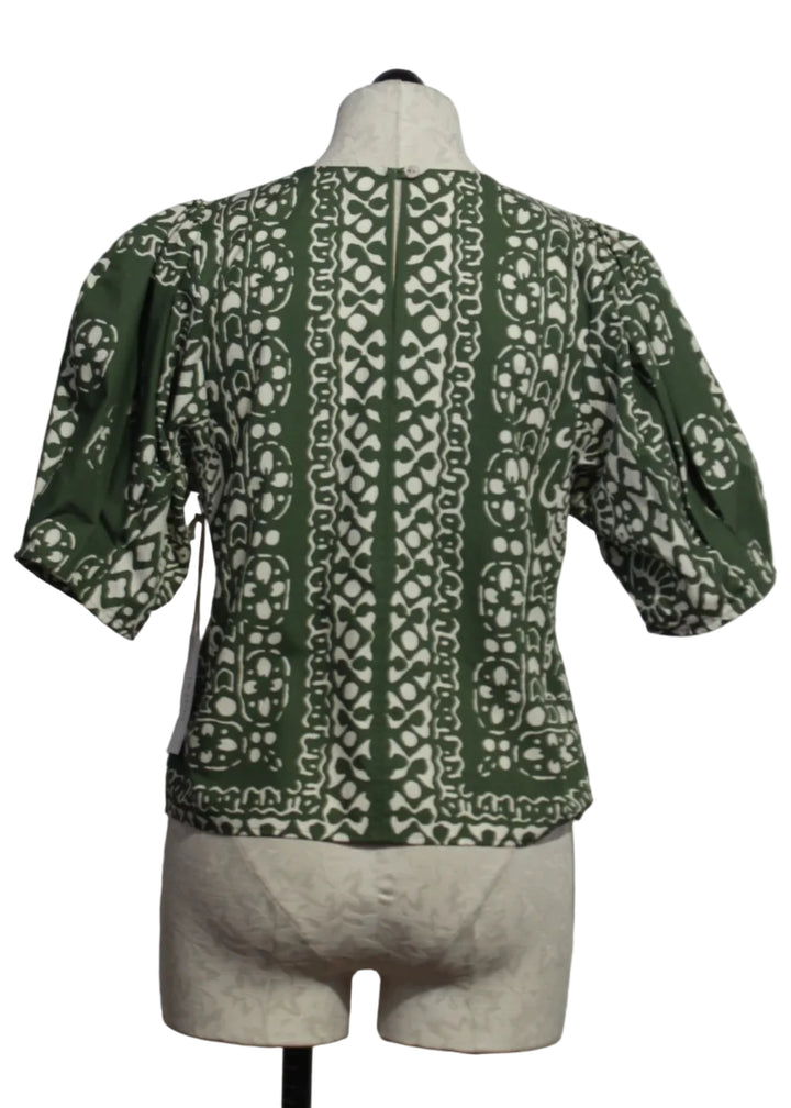 back view of Green and off-White Rosie Puff Sleeve Top by Fifteen Twenty 