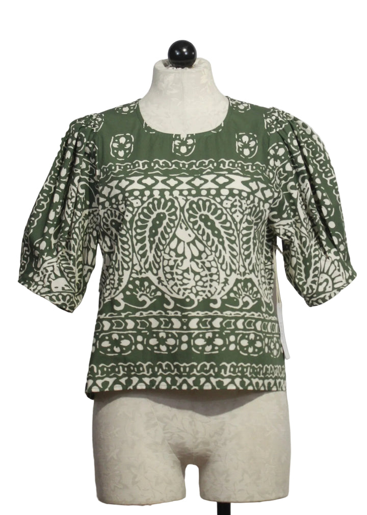 Green and off-White Rosie Puff Sleeve Top by Fifteen Twenty 