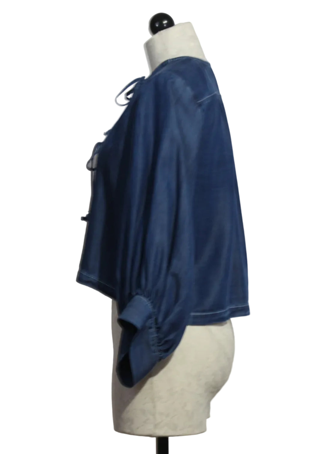 side view of Chambray Cassie Lantern Sleeve Top by Fifteen Twenty
