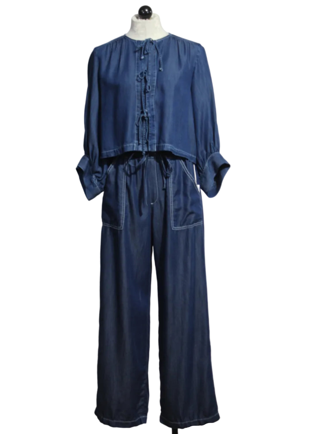 Chambray Cassie Lantern Sleeve Top by Fifteen Twenty paired with the matching Chambray Kendra Patch Pocket Pants by Fifteen Twenty