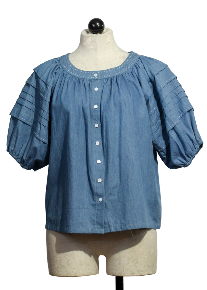 Chambray Shay Contrast Stitch Peasant Top by Fifteen Twenty