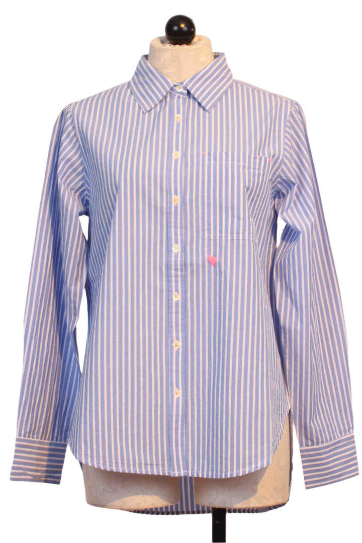 Blue and White Stripe Mia Shirt by Kerri Rosenthal has a tiny bright pink embroidered heart below the front pocket and pink whipstitched hearts on the elbows of each sleeve