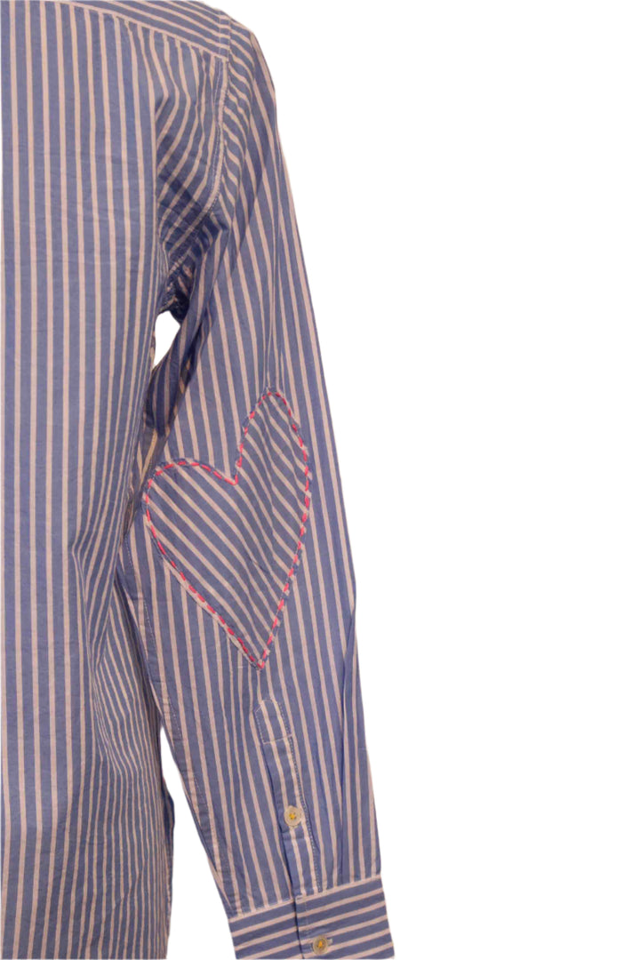 close up of the heart sleeve detail on Blue and White Stripe Mia Shirt by Kerri Rosenthal 