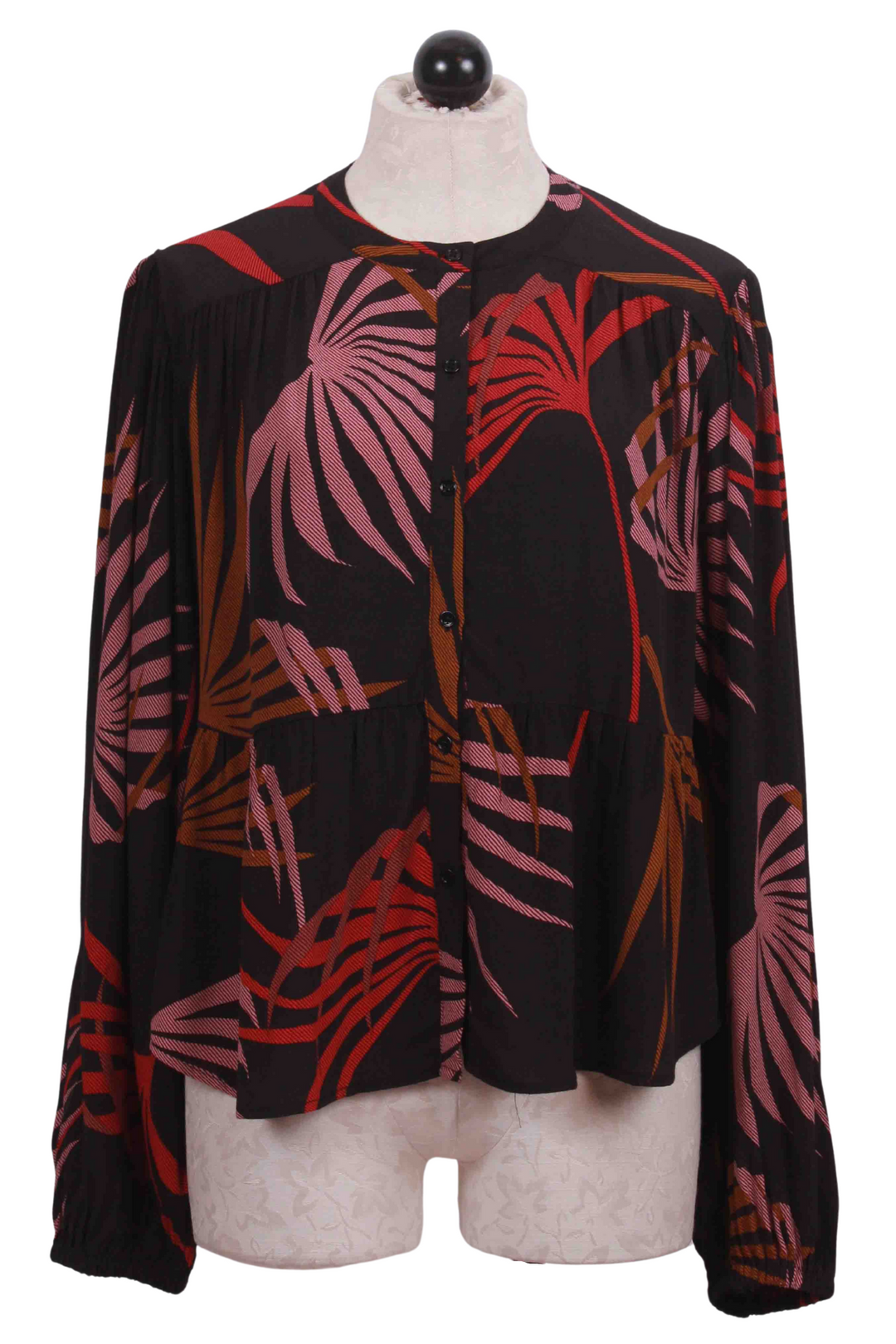 Black Print Foliage Peplum Bishop Sleeve Top by See U Soon