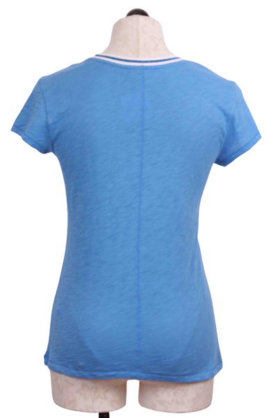 back view of Marina with Blue Metallic Tipped Ringer Tee by Goldie LeWinter