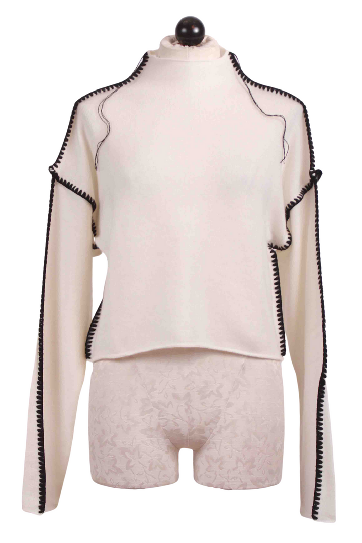 Cream Mock Neck Annie Cashmere Cropped Sweater by Chan Luu with Black Contrast Stitching